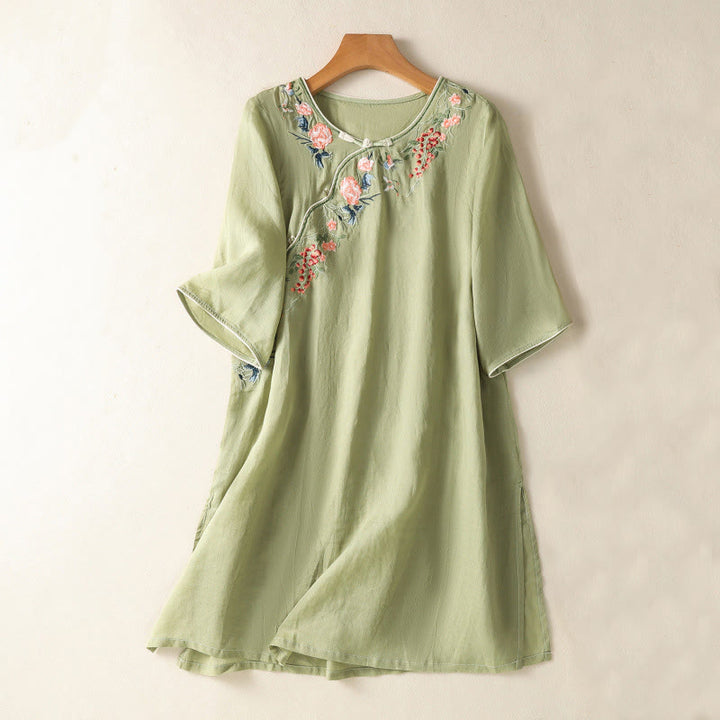 Buddha Stones刺繍フラワーヘムスリットデザイン半袖コットンリネン禅ミディドレス - ライトグリーン - US8-10，UK/AU12-14，EU40-42 (2XL) - image 0