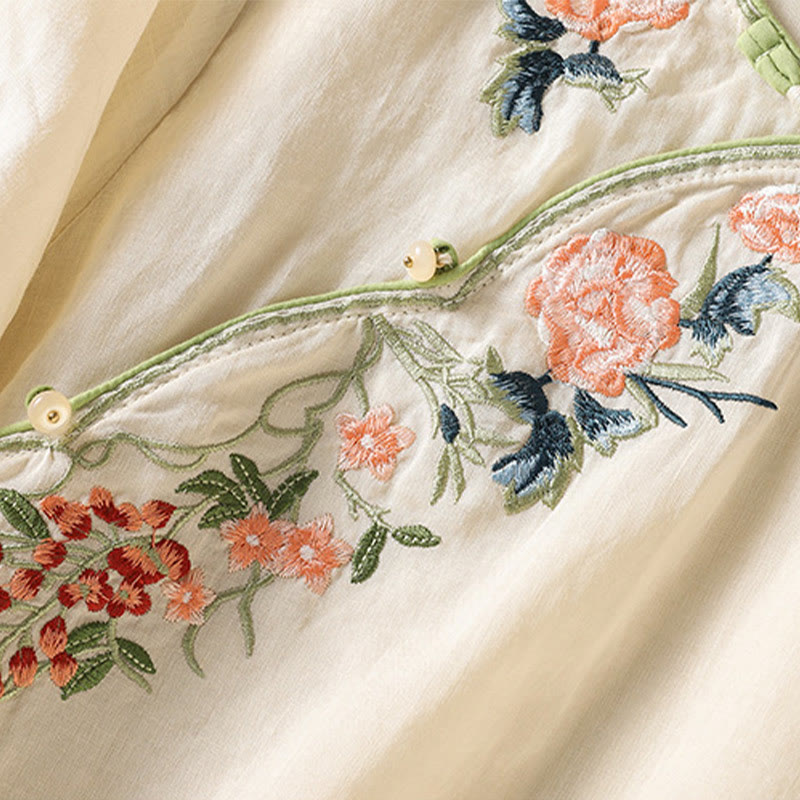 Buddha Stones刺繍フラワーヘムスリットデザイン半袖コットンリネン禅ミディドレス - image 10