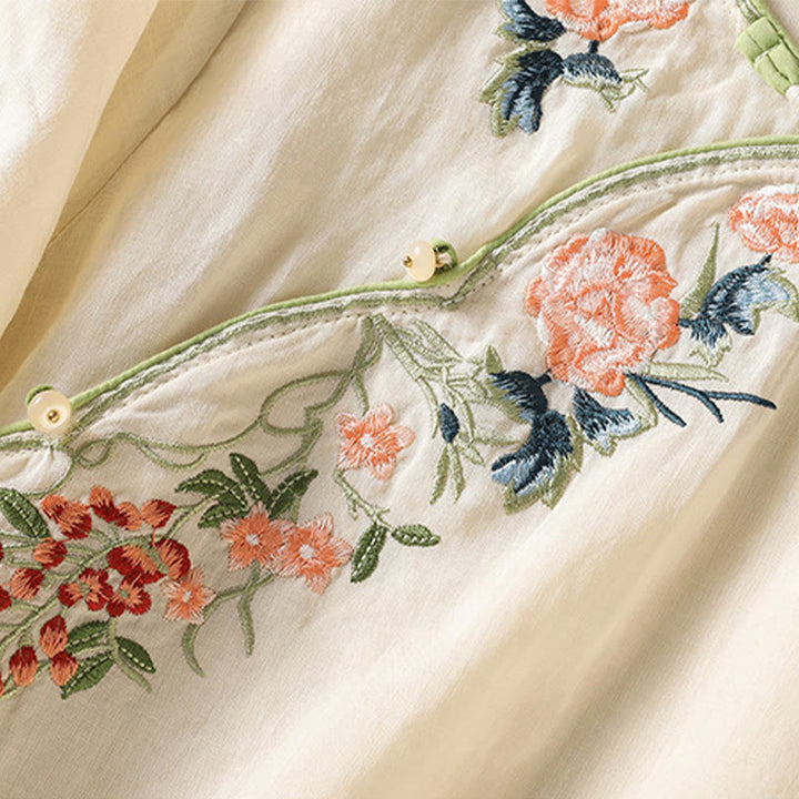 Buddha Stones刺繍フラワーヘムスリットデザイン半袖コットンリネン禅ミディドレス - image 10