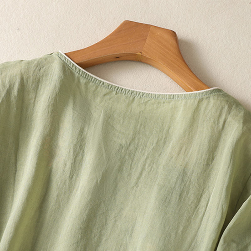 Buddha Stones刺繍フラワーヘムスリットデザイン半袖コットンリネン禅ミディドレス - image 2