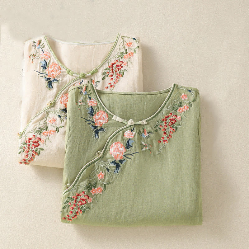 Buddha Stones刺繍フラワーヘムスリットデザイン半袖コットンリネン禅ミディドレス - image 17