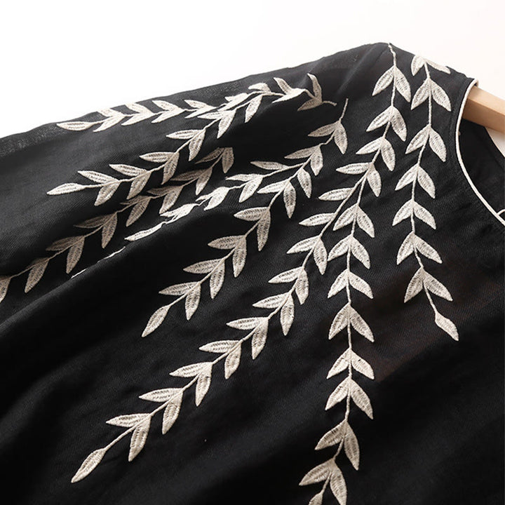 Buddha Stonesカジュアル 刺繍 スプリット 七分袖 コットンリネン ミディドレス - image 3