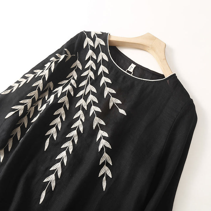 Buddha Stonesカジュアル 刺繍 スプリット 七分袖 コットンリネン ミディドレス - image 2