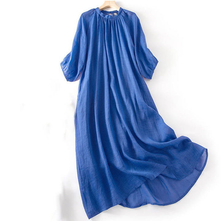 Buddha Stonesプレーン ドローストリング 七分袖 パフスリーブ コットンリネン ミディドレス ポケット付き - image 2