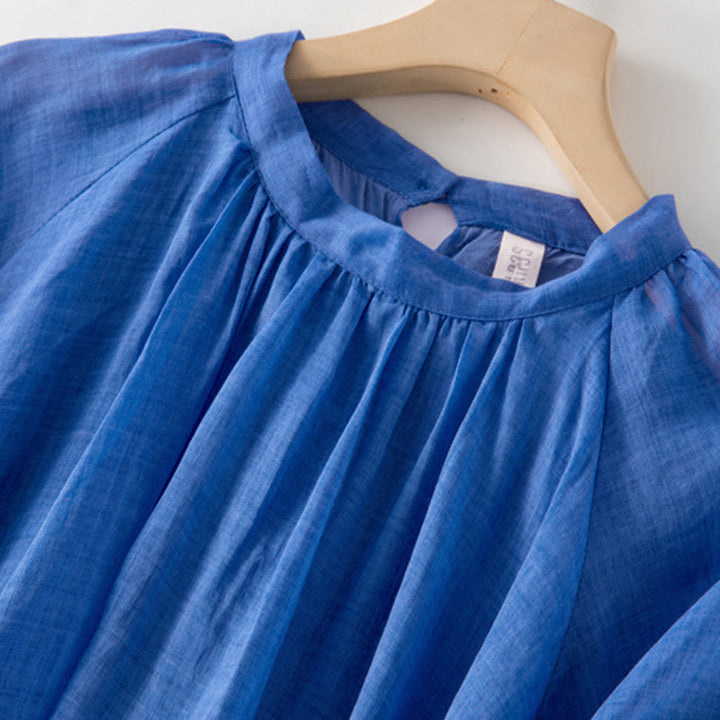 Buddha Stonesプレーン ドローストリング 七分袖 パフスリーブ コットンリネン ミディドレス ポケット付き - image 4