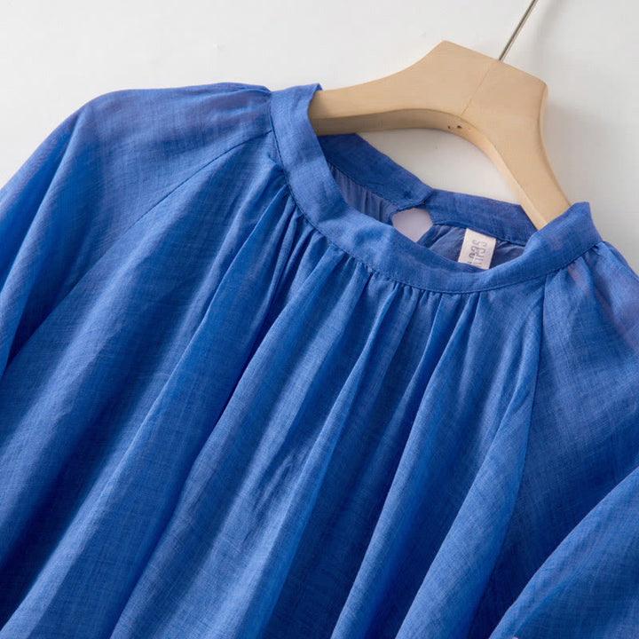 Buddha Stonesプレーン ドローストリング 七分袖 パフスリーブ コットンリネン ミディドレス ポケット付き - image 3