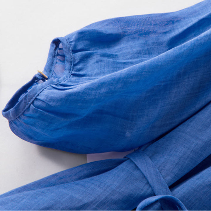 Buddha Stonesプレーン ドローストリング 七分袖 パフスリーブ コットンリネン ミディドレス ポケット付き - image 7