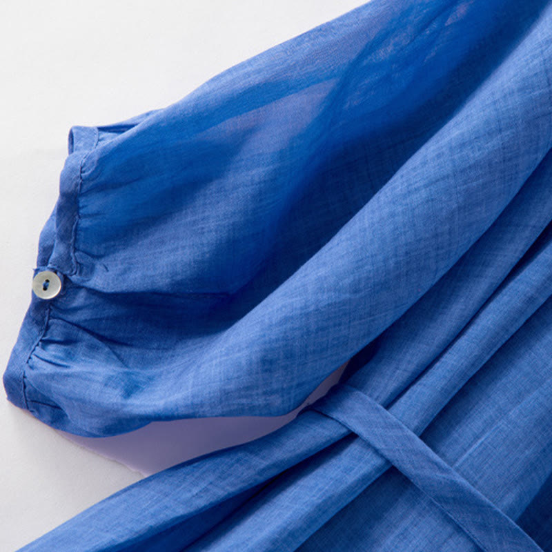 Buddha Stonesプレーン ドローストリング 七分袖 パフスリーブ コットンリネン ミディドレス ポケット付き - image 8