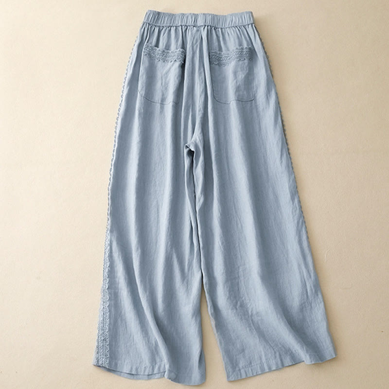 Buddha Stones無地 レースステッチ コットンリネン レディース ワイドレッグパンツ ポケット付き - image 1