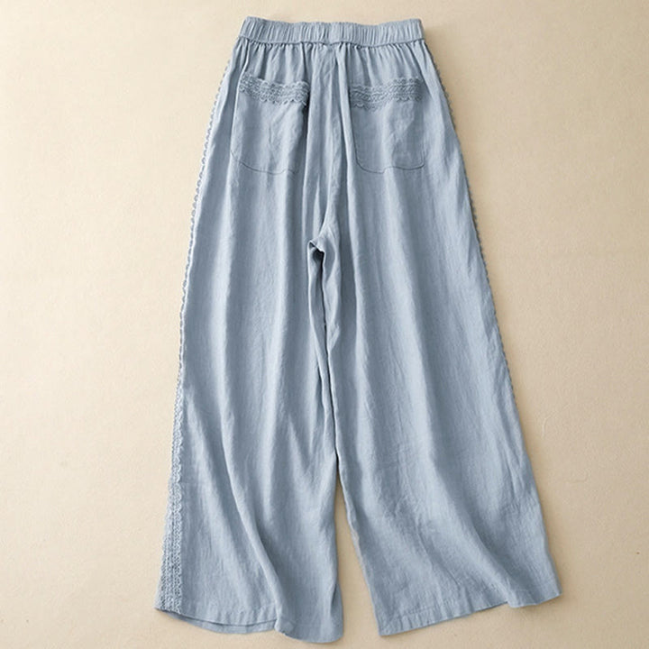 Buddha Stones無地 レースステッチ コットンリネン レディース ワイドレッグパンツ ポケット付き - image 1