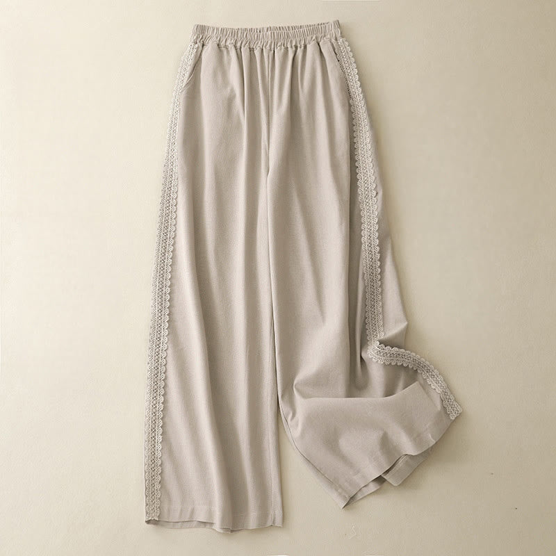 Buddha Stones無地 レースステッチ コットンリネン レディース ワイドレッグパンツ ポケット付き - ベージュ - US8-10，UK/AU12-14，EU40-42 (2XL) - image 8