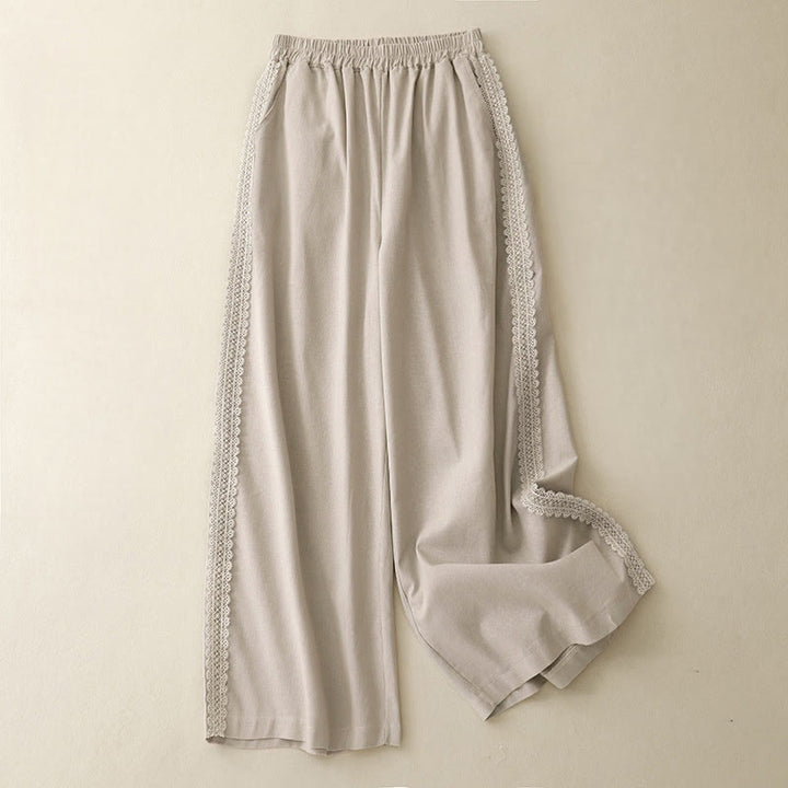 Buddha Stones無地 レースステッチ コットンリネン レディース ワイドレッグパンツ ポケット付き - ベージュ - US8-10，UK/AU12-14，EU40-42 (2XL) - image 8
