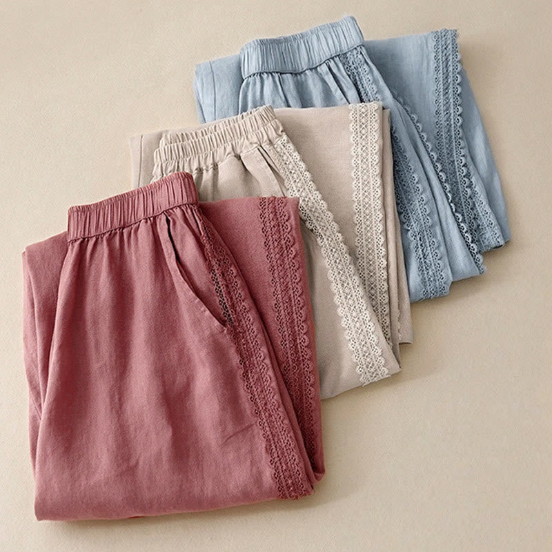 Buddha Stones無地 レースステッチ コットンリネン レディース ワイドレッグパンツ ポケット付き - image 18