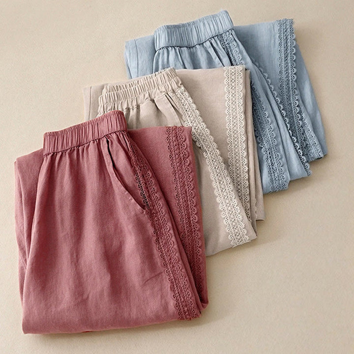 Buddha Stones無地 レースステッチ コットンリネン レディース ワイドレッグパンツ ポケット付き - image 18