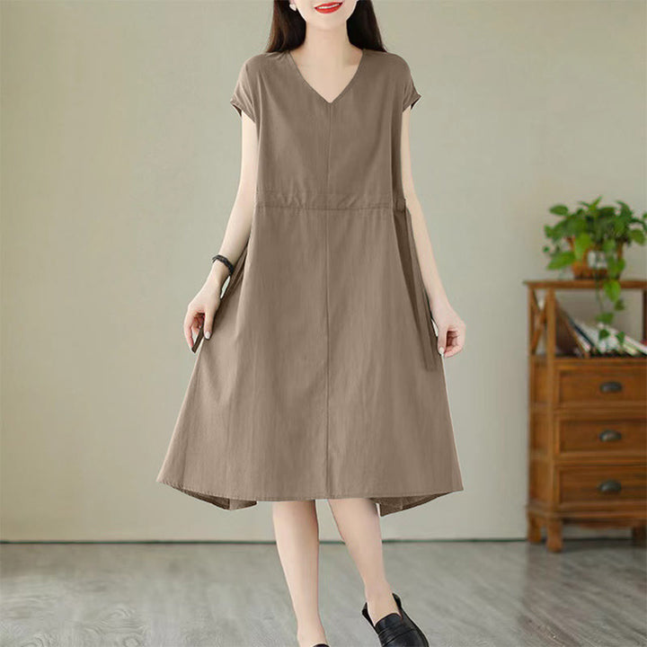 Buddha Stonesピュアカラー レースアップ 半袖 コットンリネン ミディドレス ポケット付き - ダークカーキ - US12、 UK/AU16、 EU44 (3XL) - image 13