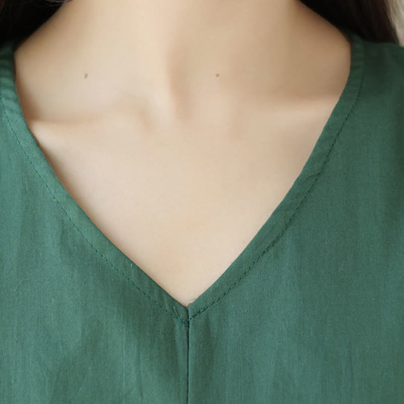 Buddha Stonesピュアカラー レースアップ 半袖 コットンリネン ミディドレス ポケット付き - image 8