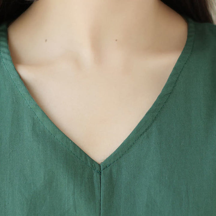 Buddha Stonesピュアカラー レースアップ 半袖 コットンリネン ミディドレス ポケット付き - image 8