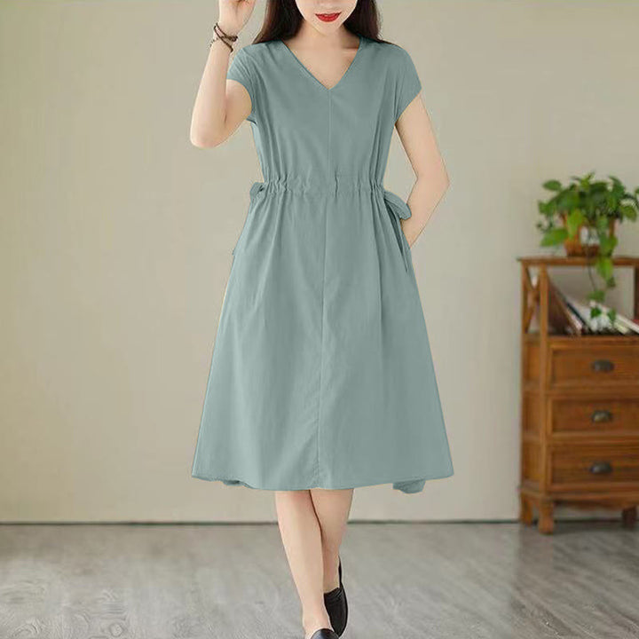 Buddha Stonesピュアカラー レースアップ 半袖 コットンリネン ミディドレス ポケット付き - ミディアムアクアマリン - US12、 UK/AU16、 EU44 (3XL) - image 15