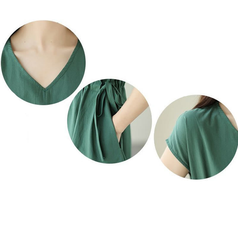 Buddha Stonesピュアカラー レースアップ 半袖 コットンリネン ミディドレス ポケット付き - image 12