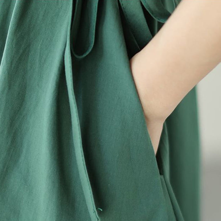 Buddha Stonesピュアカラー レースアップ 半袖 コットンリネン ミディドレス ポケット付き - image 11