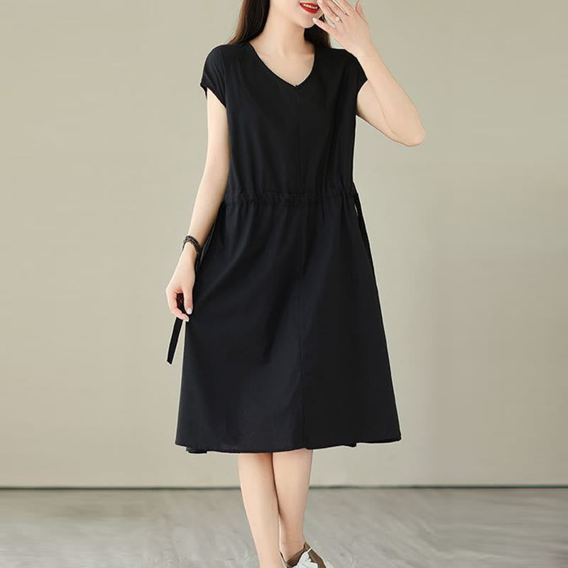 Buddha Stonesピュアカラー レースアップ 半袖 コットンリネン ミディドレス ポケット付き - image 22