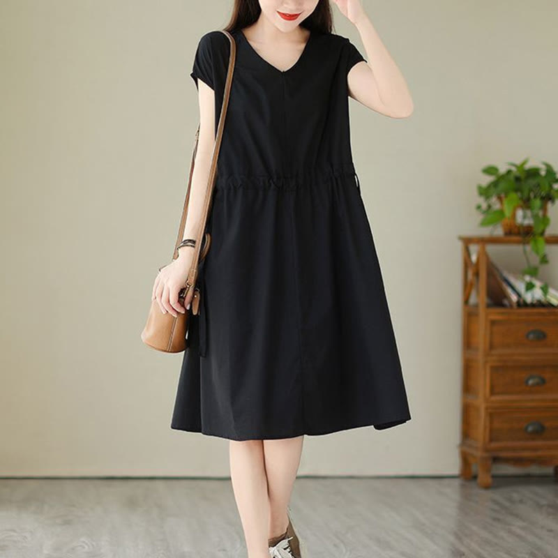 Buddha Stonesピュアカラー レースアップ 半袖 コットンリネン ミディドレス ポケット付き - 黒 - US12、 UK/AU16、 EU44 (3XL) - image 17