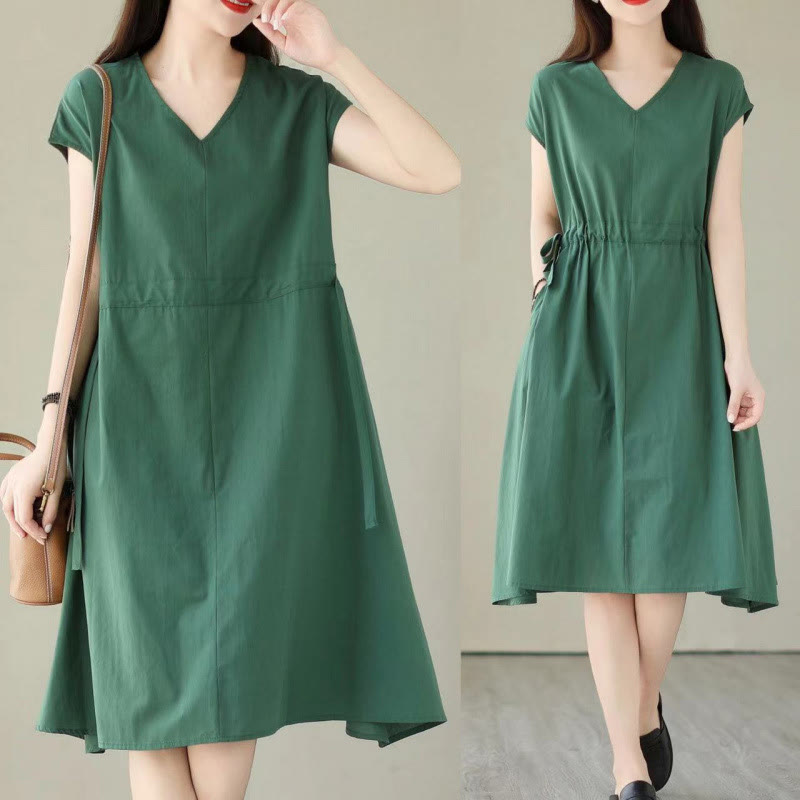 Buddha Stonesピュアカラー レースアップ 半袖 コットンリネン ミディドレス ポケット付き - image 6