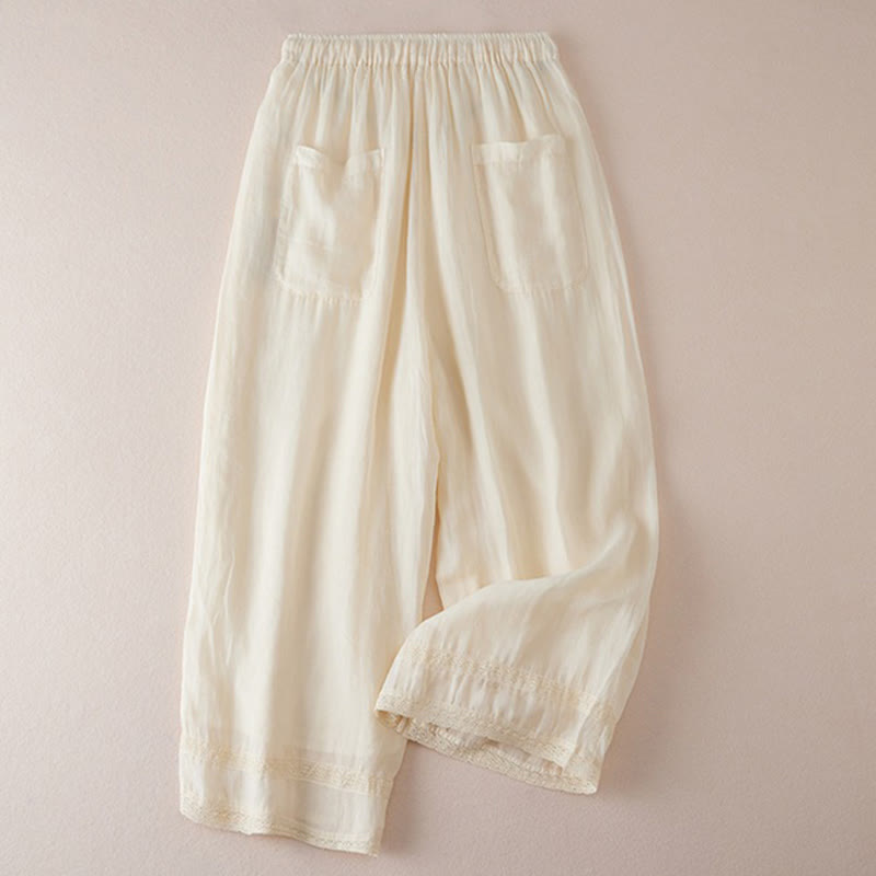 Buddha Stonesカジュアル裏地デザイン コットン レディース 7-8丈 ワイドレッグパンツ ポケット付き - image 1