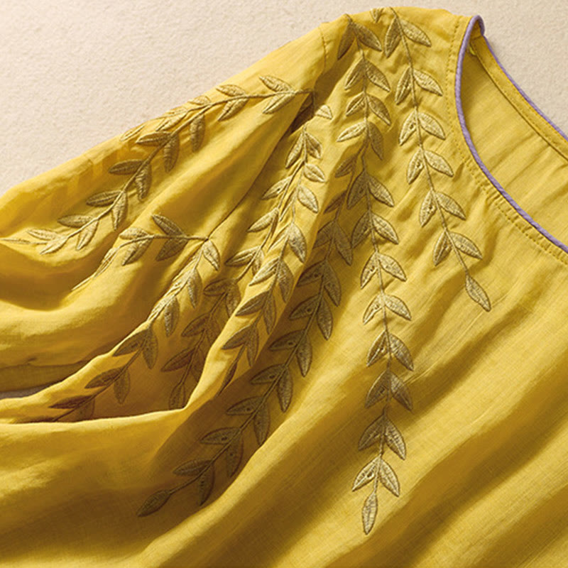 Buddha Stones刺繍の葉っぱ柄レディース半袖Tシャツ - image 2