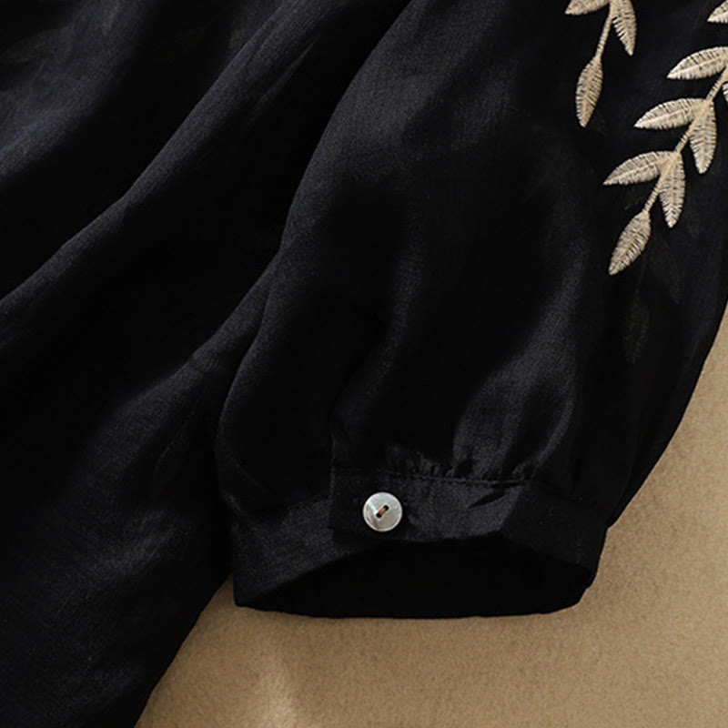 Buddha Stones刺繍の葉っぱ柄レディース半袖Tシャツ - image 26
