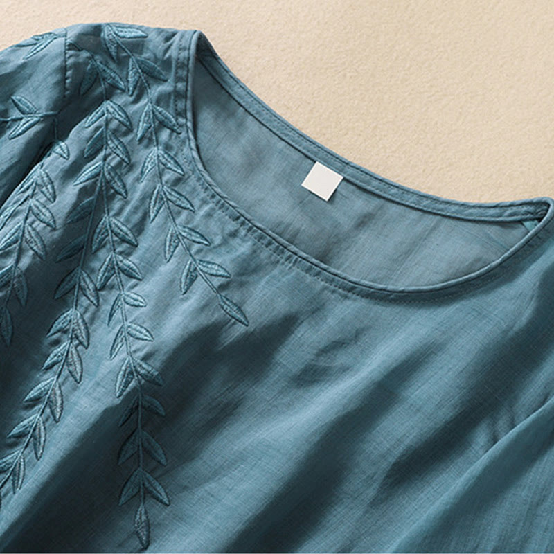 Buddha Stones刺繍の葉っぱ柄レディース半袖Tシャツ - image 32