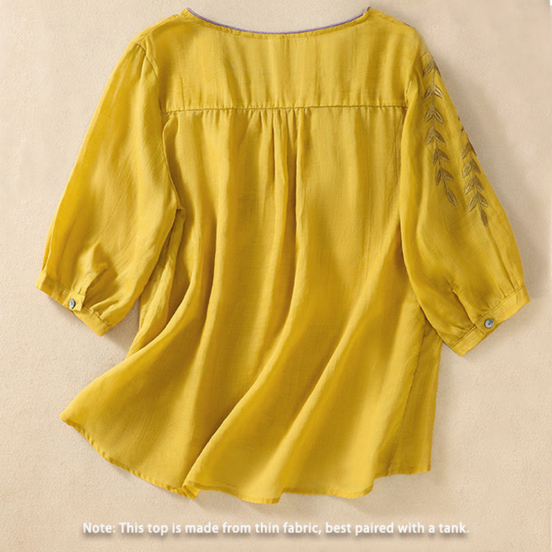 Buddha Stones刺繍の葉っぱ柄レディース半袖Tシャツ - image 1