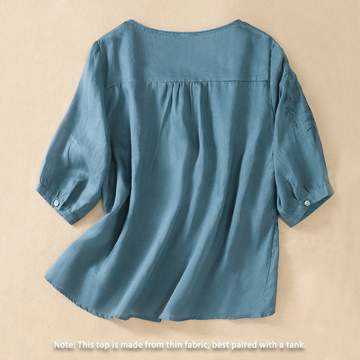 Buddha Stones刺繍の葉っぱ柄レディース半袖Tシャツ - image 31