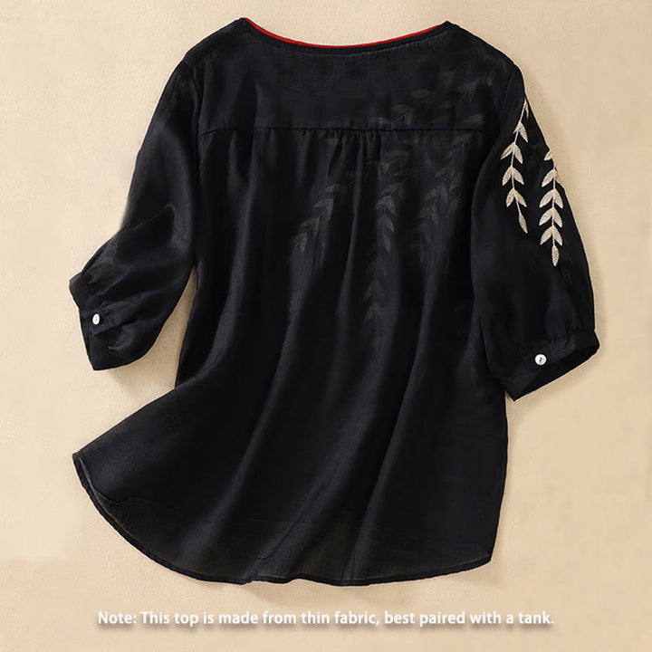 Buddha Stones刺繍の葉っぱ柄レディース半袖Tシャツ - image 23