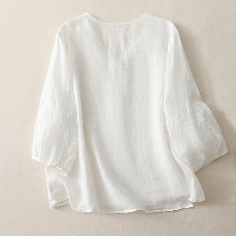 Buddha Stones刺繍ボタンダウンレディースコットンリネンシャツ - image 10