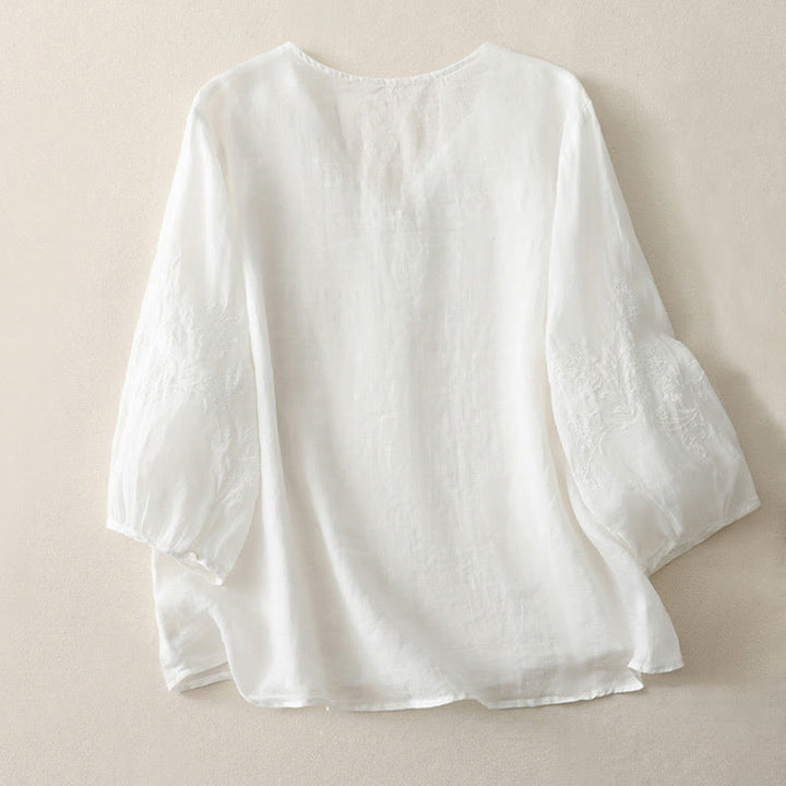 Buddha Stones刺繍ボタンダウンレディースコットンリネンシャツ - image 10