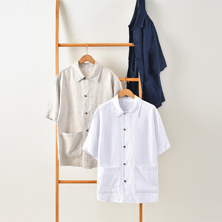 Buddha Stones無地ボタン メンズ 半袖 リネンシャツ ポケット付き - image 25