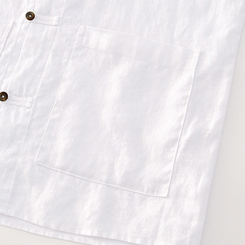 Buddha Stones無地ボタン メンズ 半袖 リネンシャツ ポケット付き - image 11