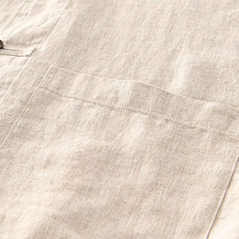 Buddha Stones無地ボタン メンズ 半袖 リネンシャツ ポケット付き - image 4