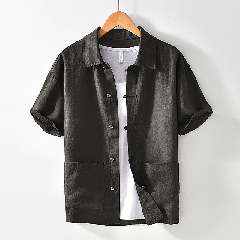 Buddha Stones無地ボタン メンズ 半袖 リネンシャツ ポケット付き - ダークオリーブグリーン - US/UK/AU42、 EU52 (3XL) - image 18