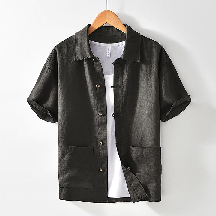 Buddha Stones無地ボタン メンズ 半袖 リネンシャツ ポケット付き - ダークオリーブグリーン - US/UK/AU42、 EU52 (3XL) - image 18