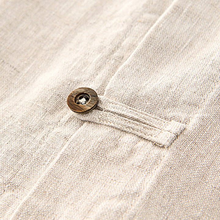 Buddha Stones無地ボタン メンズ 半袖 リネンシャツ ポケット付き - image 3