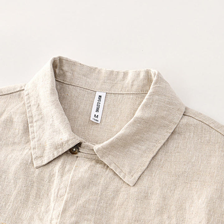 Buddha Stones無地ボタン メンズ 半袖 リネンシャツ ポケット付き - image 1