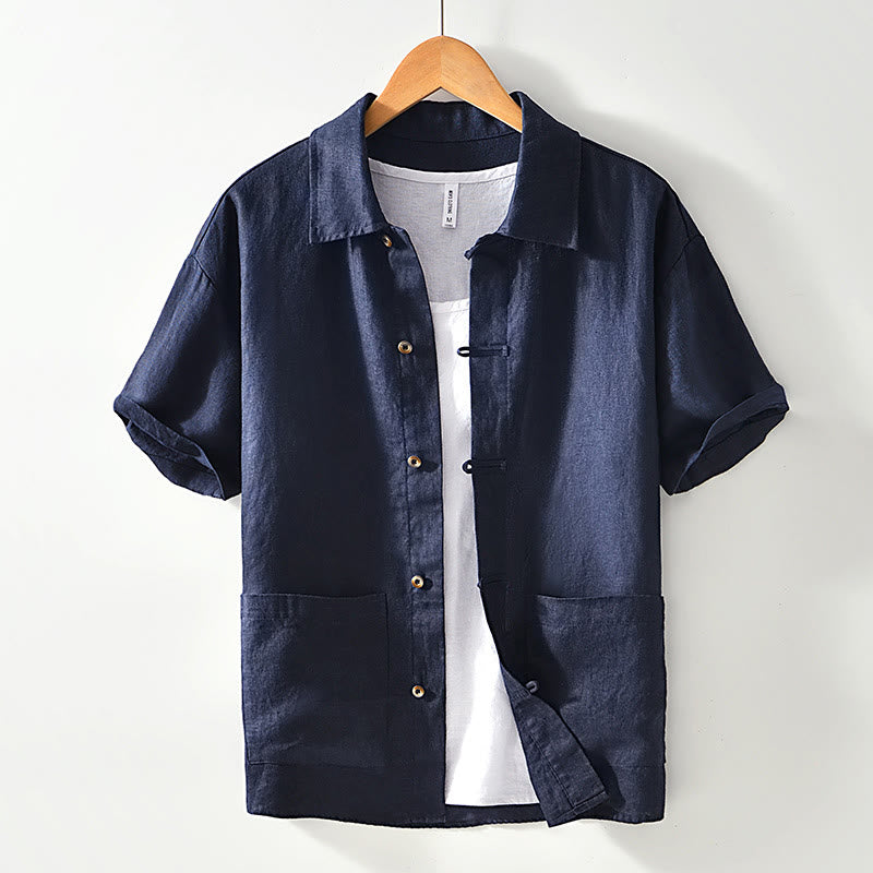 Buddha Stones無地ボタン メンズ 半袖 リネンシャツ ポケット付き - ミッドナイトブルー - US/UK/AU42、 EU52 (3XL) - image 12