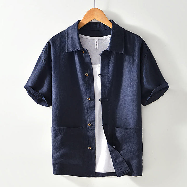 Buddha Stones無地ボタン メンズ 半袖 リネンシャツ ポケット付き - ミッドナイトブルー - US/UK/AU42、 EU52 (3XL) - image 12