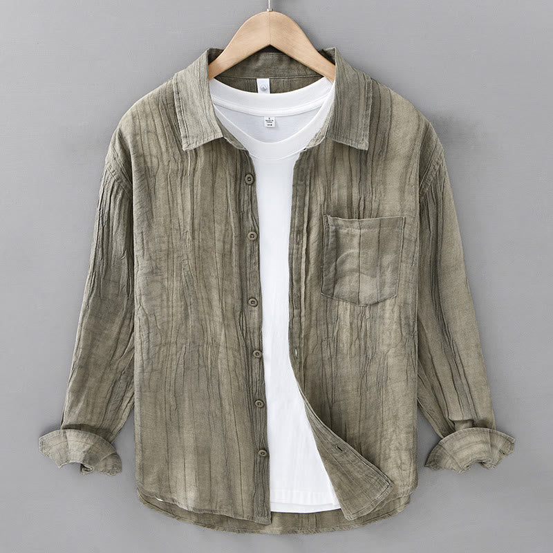 Buddha Stonesレトロプリーツボタン メンズ 長袖 ラミーリネン 長袖シャツ ポケット付き - 黄緑 - US/UK/AU42、 EU52 (3XL) - image 5