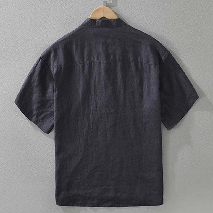 Buddha Stones夏用 ハーフボタンデザイン ラペル メンズ 半袖 リネンシャツ ポケット付き - image 4