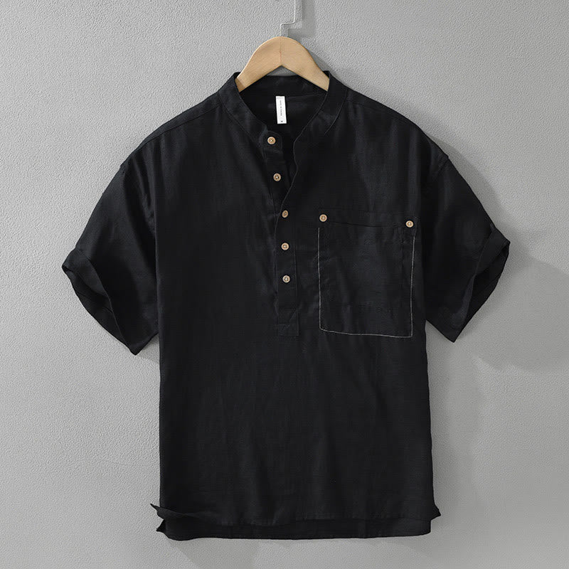 Buddha Stones夏用 ハーフボタンデザイン ラペル メンズ 半袖 リネンシャツ ポケット付き - 黒 - US/UK/AU42、 EU52 (3XL) - image 1