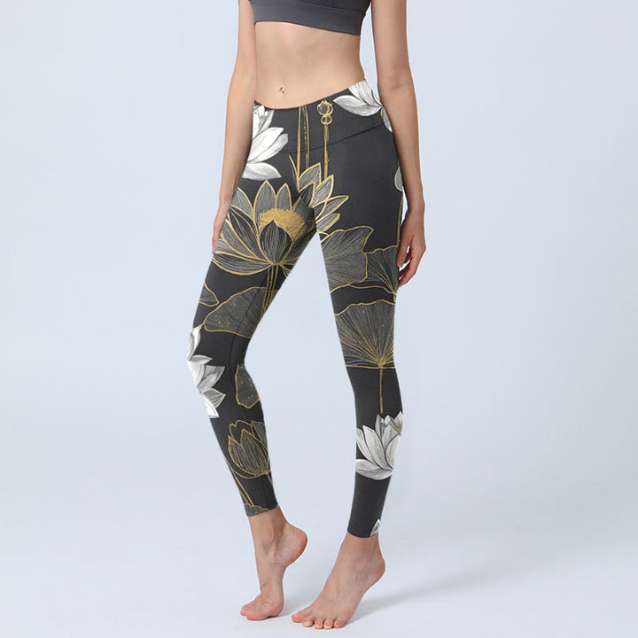 Buddha Stonesホワイト ゴールデン 蓮の葉 プリント ジムレギンス レディース ヨガパンツ - 黒 - US18、 UK/AU22、 EU50 (4XL) - image 0