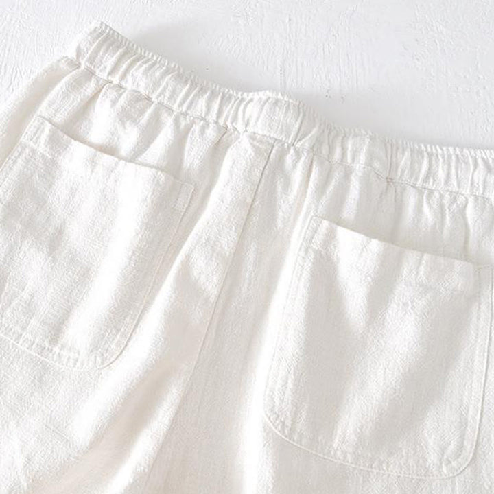 Buddha Stones夏用 無地 ドローストリング 伸縮性ウエスト メンズ コットンリネン ショートパンツ ポケット付き - image 7